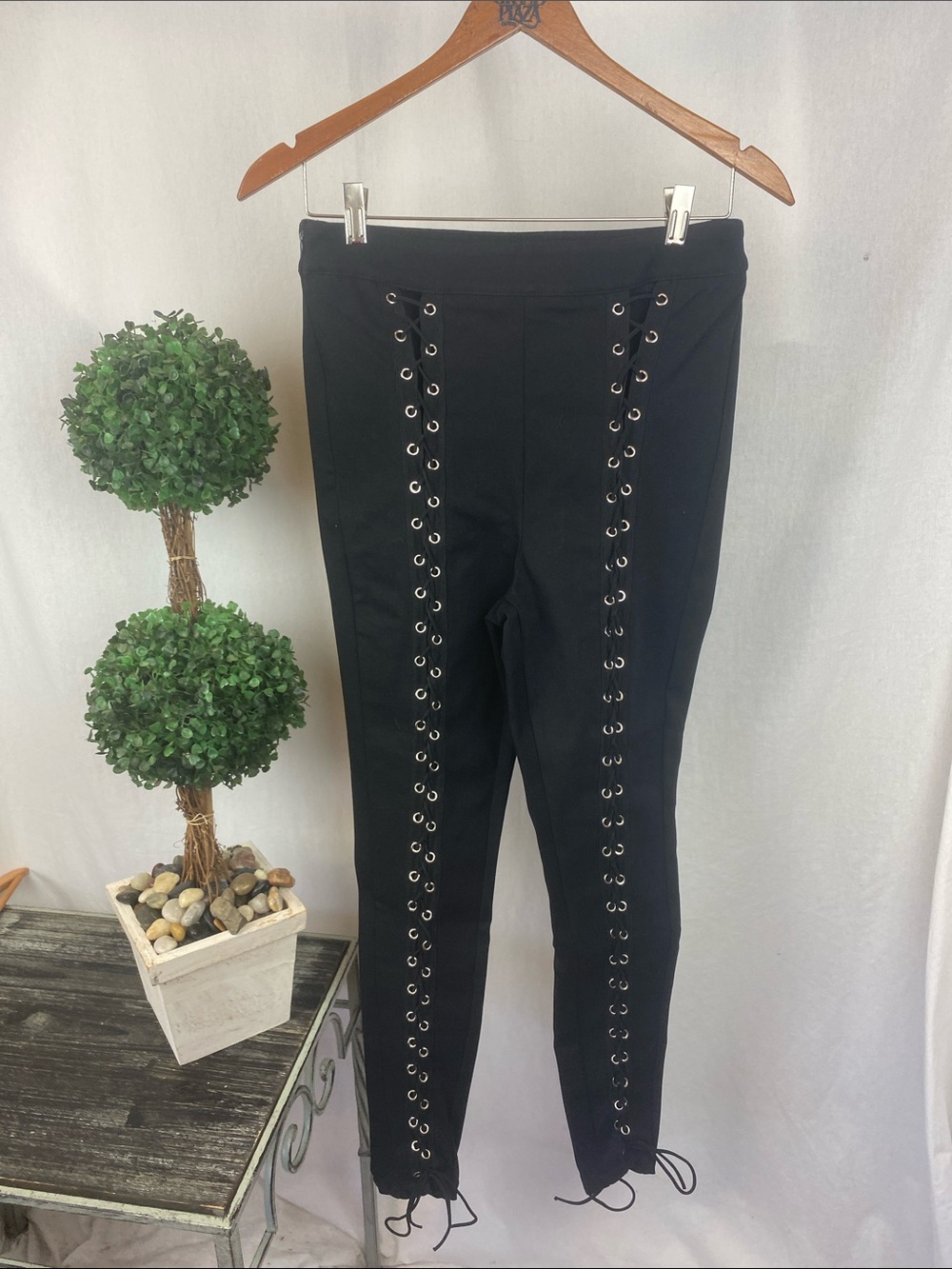 Shein Black High Waist Skinny Lace-Up Front Pants M 6